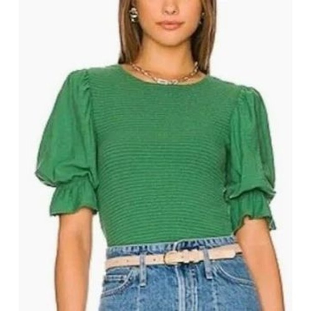 Nation LTD Bardot Top Green Gathered Puff Sleeve Smocked Large Boho Stretch